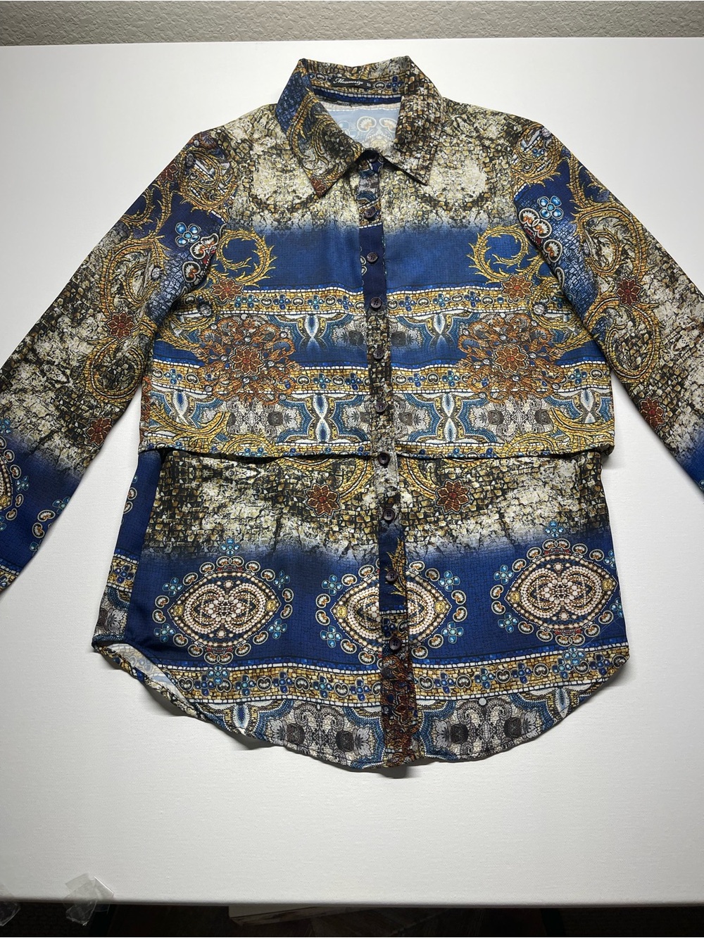 Mesmerize Multicolor Chelsea Semi Sheer Button Up Long Sleeve Blouse (XS)Sku#60